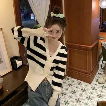 Французский вязаный свитер с v-образным вырезом и рукавами-фонариками в полоску, женский осенний шерстяной свитер, кардиган, женский топ, верхняя одежда One Size чёрный