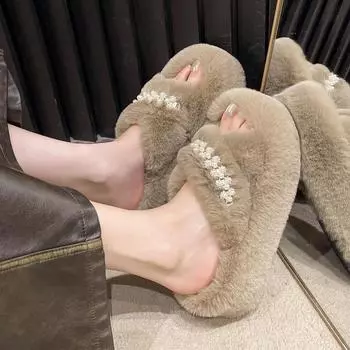 Французский жемчуг повседневная женская обувь 2024 новый удобный толстый низ перекрестная обувь нишевый дизайн модный пуховая обувь 35 хаки