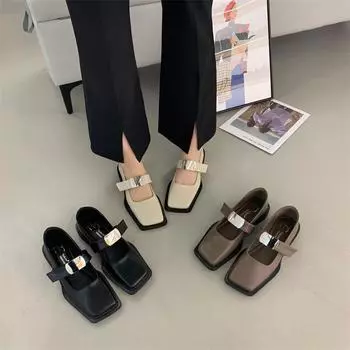 Французско-британский стиль Маленькие кожаные туфли Женские квадратные шапочки с пряжкой Весенняя и летняя одежда Туфли Мэри Джейн Одиночные туфли 35 серый