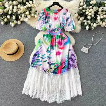 Французское элегантное летнее платье с цветочным принтом для женщин, новое летнее кружевное платье трапециевидной формы с короткими рукавами и круглым вырезом макси, праздничное платье M разноцветный