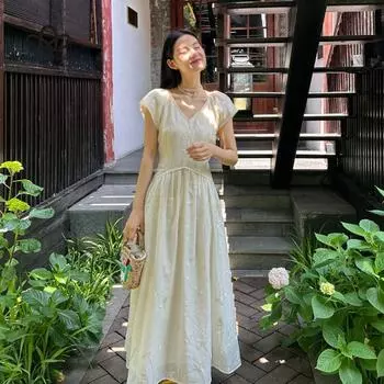 Французское элегантное платье из тенселя с вышивкой в виде листьев и v-образным вырезом, кружевная юбка феи, платье с короткими рукавами, длинное платье, элегантное платье в повседневном стиле S абрикосовый