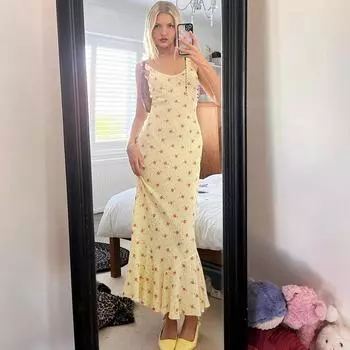Французское элегантное платье с цветочным принтом, женское платье на летних каникулах, повседневное пляжное вечернее платье с высокой талией, тонкие длинные платья, женское вечернее платье для пикника, элегантное вечернее платье для женщин S жёлтый