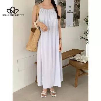 Французское элегантное простое свободное плиссированное платье с круглым вырезом, большое однотонное платье на бретельках без рукавов с открытой спиной onesize чёрный