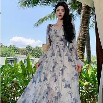 Французское элегантное темпераментное синее платье 2025 года, начало осени, новое платье с тонкой талией и рукавами в виде листьев лотоса с принтом бабочек S
