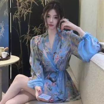 Французское элегантное винтажное шифоновое платье с цветочным принтом, женское повседневное мини-платье в стиле ретро с рукавами-фонариками, женское даже вечернее корейское модное летнее платье S синий