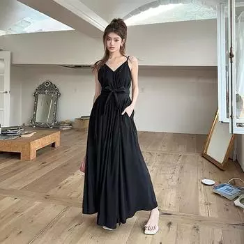 Французское элегантное женское летнее платье с открытой спиной и бантом, длинное платье без рукавов с v-образным вырезом, вечерние платья для женщин S чёрный
