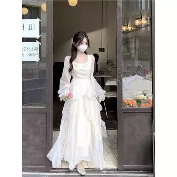 Французское белое платье с короткими рукавами, женское летнее длинное платье премиум-класса с тонкой талией, нежное праздничное платье для отпуска S белый