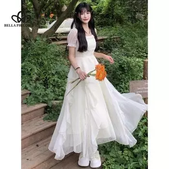 Французское белое платье с короткими рукавами, женское летнее длинное платье премиум-класса с тонкой талией, нежное праздничное платье для отпуска M белый