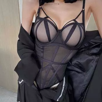 Французское боди, сексуальный кружевной комплект с бюстгальтером пуш-ап, классический бандажный сетчатый прозрачный облегающее нижнее белье, женское искушение, полые комбинезоны 70B чёрный