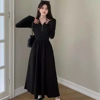 Французское черное платье-трапеция с длинными рукавами и застежкой-молнией для женщин. Однотонные платья макси с длинными рукавами для женщин. Весна-осень. Уличная мода. Элегантная длинная юбка. S чёрный