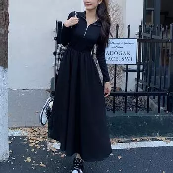 Французское черное трикотажное платье с длинными рукавами и застежкой-молнией для женщин, однотонные платья макси с длинными рукавами, женская мода, уличная одежда, элегантная длинная юбка M