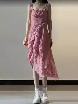 Французское цветочное платье Женское летнее новое утягивающее платье с оборками и дизайном Sense Niche Повседневное платье S розовый