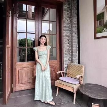 Французское длинное платье в стиле отпуска Pure Lust с открытой спиной и талией с завязками и рукавами-крылышками Длинное платье Традиционное платье S красный