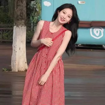 Французское красное клетчатое платье для детей 2025 года, новое платье для отпуска без рукавов, маленькое платье для отдыха на море S красный