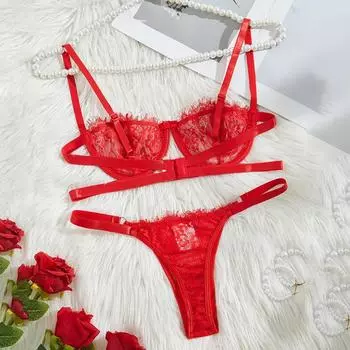 Французское кружево сексуальное трехточечное эротическое нижнее белье со стальным кольцом на груди комплект бикини с раздельным ремешком S