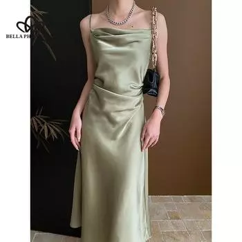 Французское легкое роскошное атласное платье с поясом, длинное платье, повседневное стильное вечернее клубное платье, коктейльное платье S зелёный
