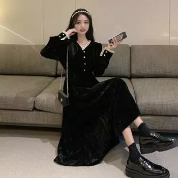 Французское легкое роскошное ретро черное платье в стиле Herben, бархатное с V-образным вырезом, маленькое нишевое стройнящее длинное платье в стиле темперамент S чёрный