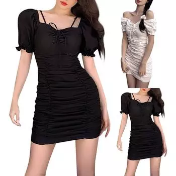 Французское легкое зрелое платье с пышными рукавами и плиссированным шнурком для похудения L чёрный