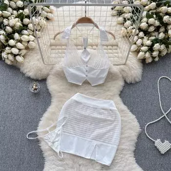 Французское Лоскутное Чувственное Нижнее Белье Костюмы Женские Ремни На Пуговицах Майки + Открытые Юбки-Вилки Женское Эротическое Белье Для Косплея Сексуальные Комплекты 2024 One Size