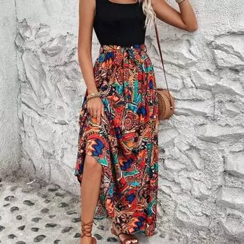 Французское лоскутное винтажное платье с абстрактным принтом S чёрный