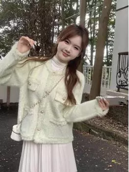 Французское мягкое восковое однотонное пальто с длинными рукавами, маленькое ароматное пальто, осень 2024, новый нежный темперамент, тонкий топ для женщин S