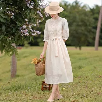 Французское нежное ветровое платье Высококачественное платье трапециевидной формы с рукавами-фонариками и круглым вырезом, длинное повседневное платье S абрикосовый