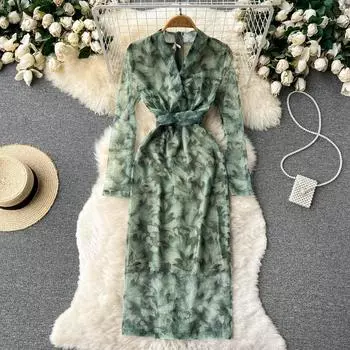 Французское нежное женское офисное вечернее платье с принтом, летние элегантные облегающие платья с длинными рукавами и поясом на молнии для женщин XXL зелёный