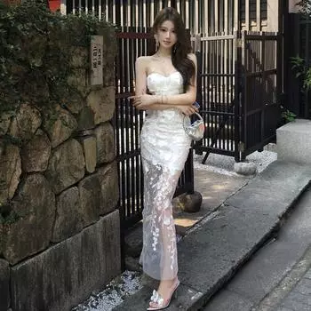 Французское облегающее платье Spice Girl с объемным лепестком и топом-трубой S белый