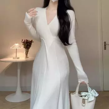 Французское однотонное элегантное длинное платье для вечеринки, женское осеннее трикотажное тонкое длинное платье с длинным рукавом, корейский шикарный дизайн, повседневная одежда, зима S абрикосовый