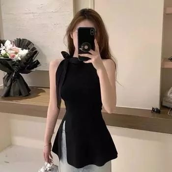 Французское офисное женское мини-платье Y2k для женщин, облегающее платье с бантом и разрезом, вечернее элегантное винтажное платье, лето 2024, новинка XS чёрный