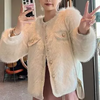 Французское пальто высокого класса для женщин на осень и зиму, новый стиль, свободный круглый вырез, утолщенный кардиган из искусственного меха лисы, модный S