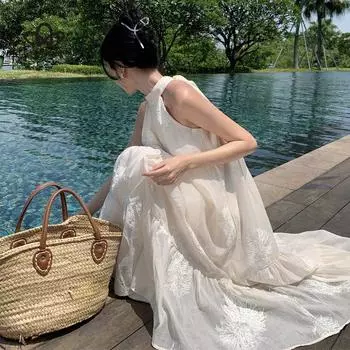 Французское платье без бретелек с висячим вырезом, летнее платье принцессы для пляжного отдыха на берегу моря, длинное платье в повседневном стиле S белый