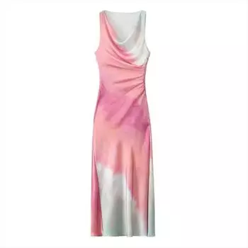 Французское платье без рукавов в стиле тай-дай сатиновое с волнистым воротником и плиссированной талией, сексуальное роскошное женское платье с милым розовым принтом