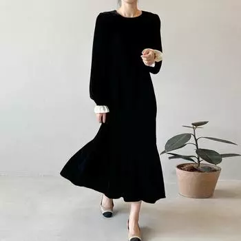 Французское платье Johnature с завышенной талией из бархата, повседневное, с круглым вырезом, свободное, модное, универсальное, с оборками на рукавах, женские платья M чёрный