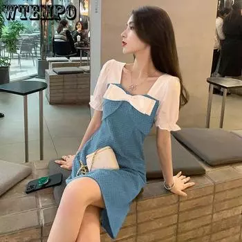 Французское платье с бантом. Элегантные и красивые платья. Женское летнее ложное платье из двух частей с пузырьковыми рукавами. S синий