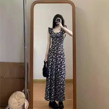 Французское платье с открытой спиной и цветочным принтом 2025 года, новый дизайн, платье с оборками и темпераментом, черное кофейное платье с юбкой-словом S чёрный