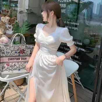 Французское платье с рюшами, женское сексуальное платье со свободными рукавами и разрезом S белый