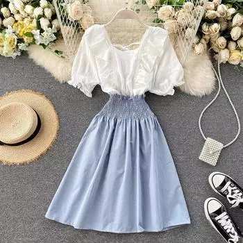 Французское платье серии для первого свидания, Новое поступление, летняя одежда, облегающая юбка трапециевидной формы с милыми листьями лотоса и цветной строчкой One Size чёрный