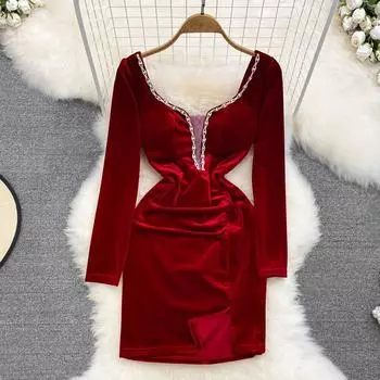 Французское платье в стиле Хепберн, темперамент знаменитостей с квадратным вырезом и талией, тонкое бархатное платье для ежегодной встречи