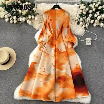 Французское платье женское легкое роскошное тяжелое плиссированное тонкое длинное платье с принтом Swoosh One size оранжевый