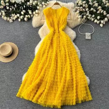 Французское платье женское с V-образным вырезом, тяжелая плиссированная сетка, талии, пышное длинное платье-торт One size красный