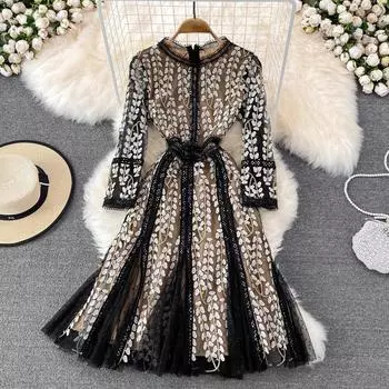 Французское платье знаменитостей, новинка 2022 года, весеннее новое платье с круглым вырезом и вышивкой в тяжелой промышленности, кружевное сетчатое платье с буквой А-слово, большое свободное платье S чёрный