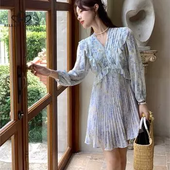 Французское плиссированное платье с v-образным вырезом и цветочным принтом, женское плиссированное модное повседневное платье ранней весной S