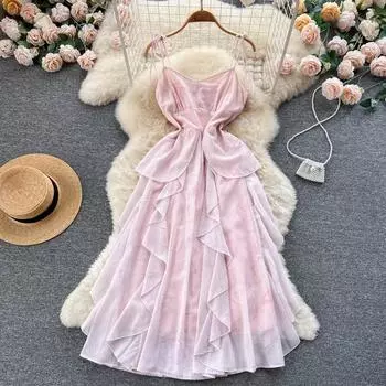 Французское пляжное платье с нерегулярным воланом и принтом, женское новое модное платье без рукавов на тонких бретельках с оборками, летние праздничные платья на берегу моря M розовый