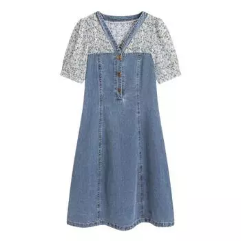 Французское поддельное джинсовое платье из двух частей для женщин на лето, новый дизайн, нишевая юбка с короткими рукавами и цветочным принтом M