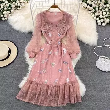 Французское ретро-нежное темпераментное длинное платье с тонкой талией, супер-фея, кукольное платье с кружевным воротником и вышивкой