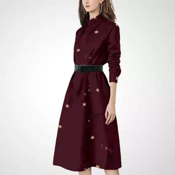 Французское Ретро Осеннее Приталенное Маленькое Черное Платье Wine Red printing L