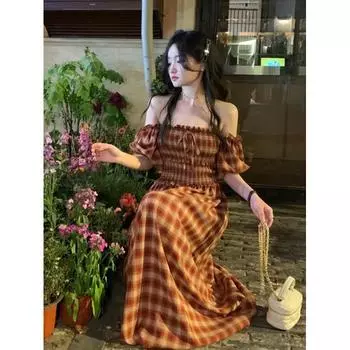 Французское Ретро Платье в Клетку Женское Летнее Чувство Дизайна для Полных Два Варианта Носки Платье с Открытыми Плечами S красный