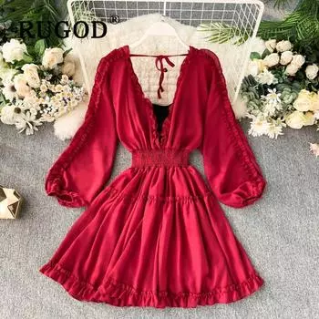 Французское ретро-платье женское с v-образным вырезом и высокой талией, эластичное с длинным рукавом и длинными рукавами для отдыха Uniform code чёрный