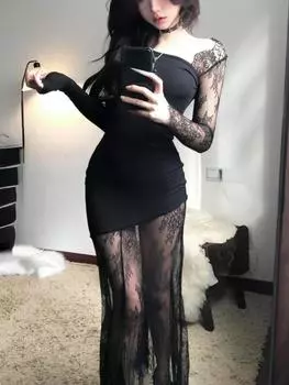 Французское сексуальное готическое платье Y2k, женское кружевное нерегулярное однотонное лоскутное винтажное платье, женское элегантное тонкое модное вечерние платье миди XL чёрный